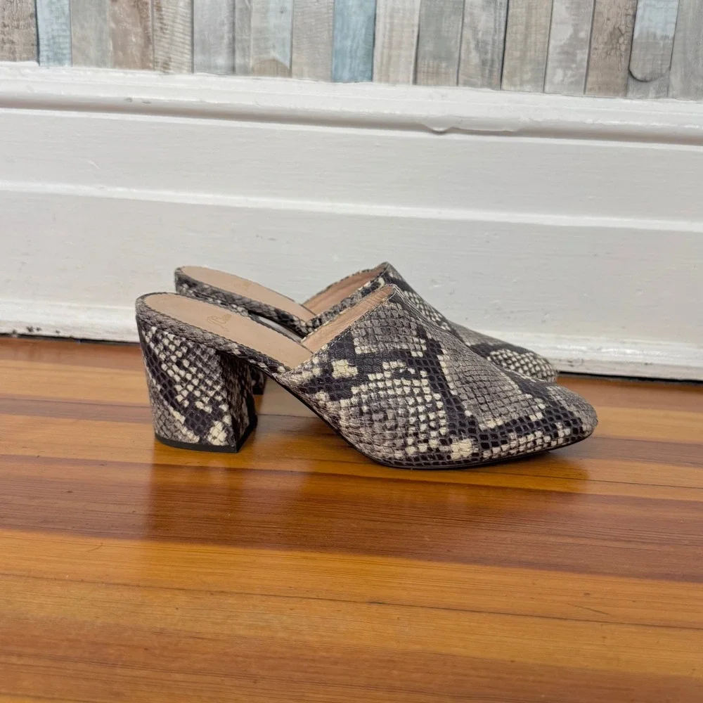 J Crew Sophie Mule Snakeskin Leather Block Heel Slip On Shoes Gray Pointed Toe 8